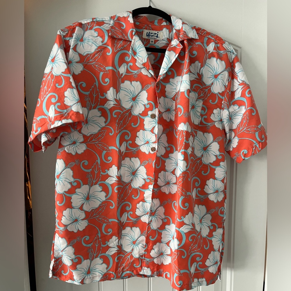 Orange and White Hawaiian Casual Button Down Shirt with Floral Design